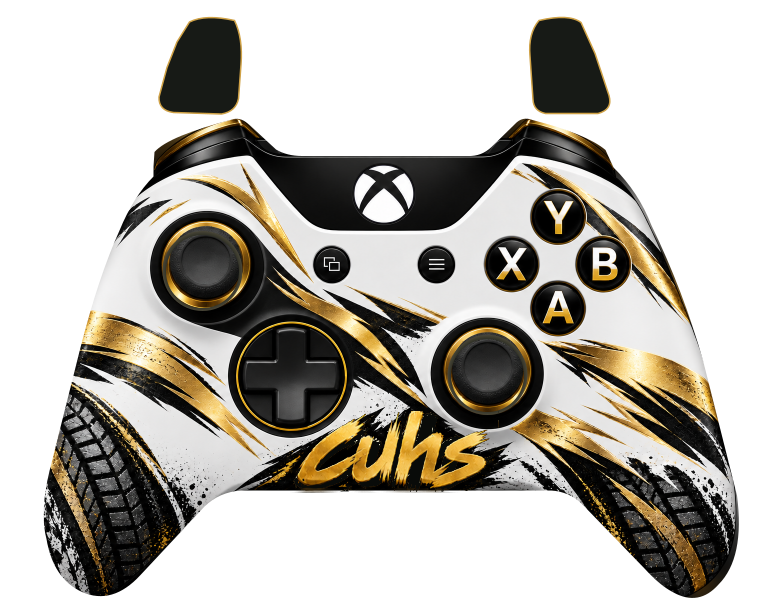 Cuh Xbox overlay in white, gold and black, with triggers above the controller